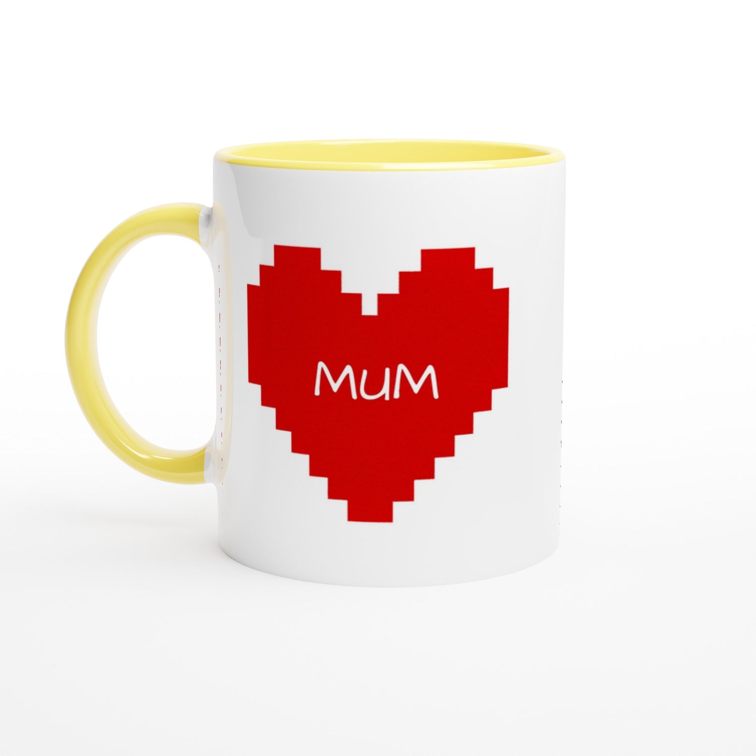 Custom Pixel Heart Mug – Retro Gamer Coffee Cup, 11oz Personalized Mug, 8-Bit Valentine Gift for Him or Her Ceramic Yellow
