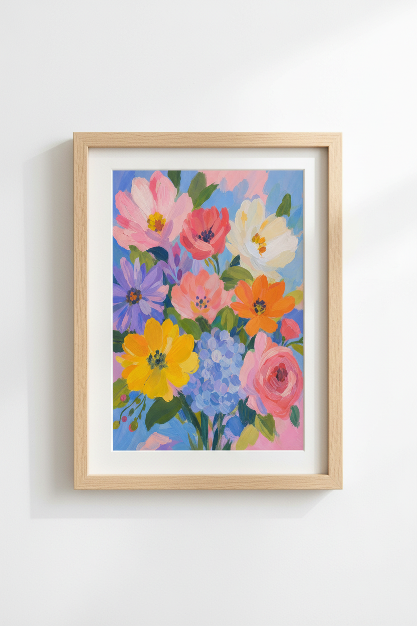 Colorful Flower Wall Art | Vibrant Floral Oil Painting Print, Bright Nursery Room Decor