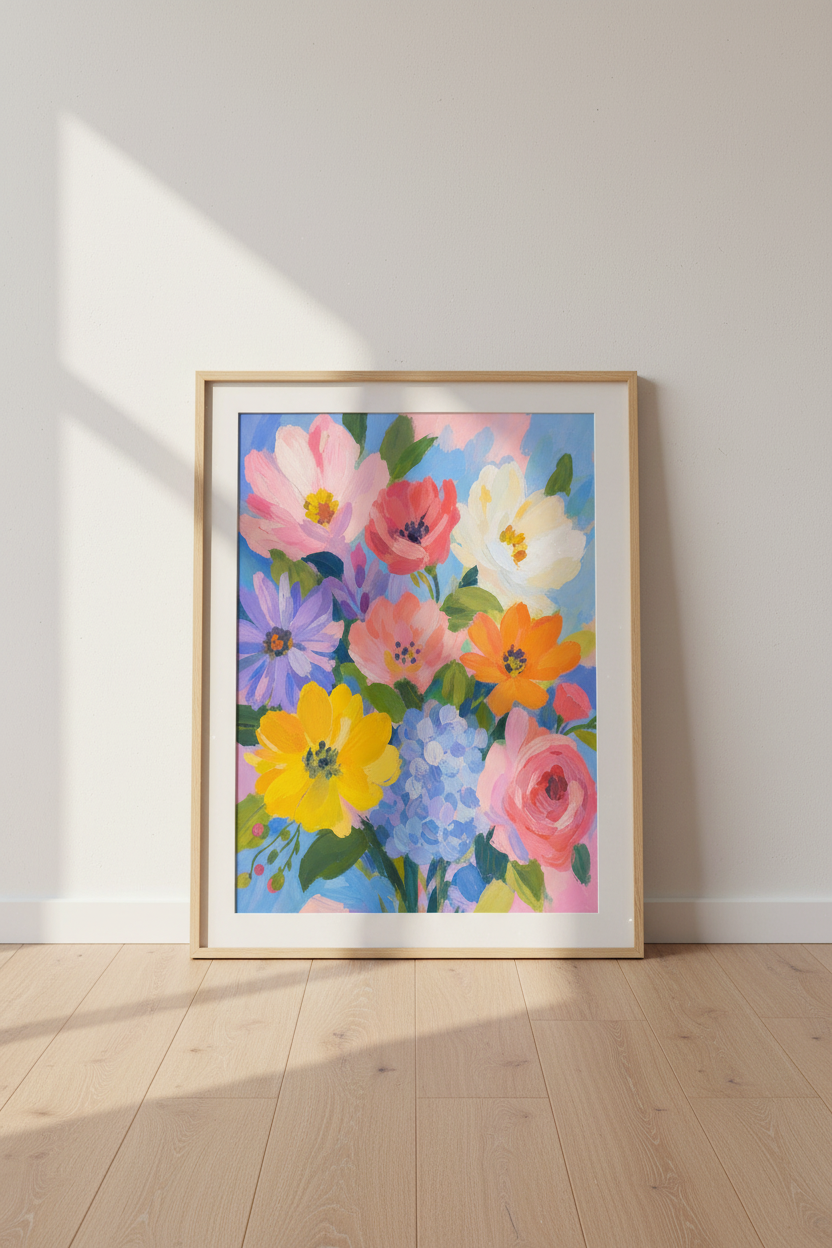 Colorful Flower Wall Art | Vibrant Floral Oil Painting Print, Bright Nursery Room Decor