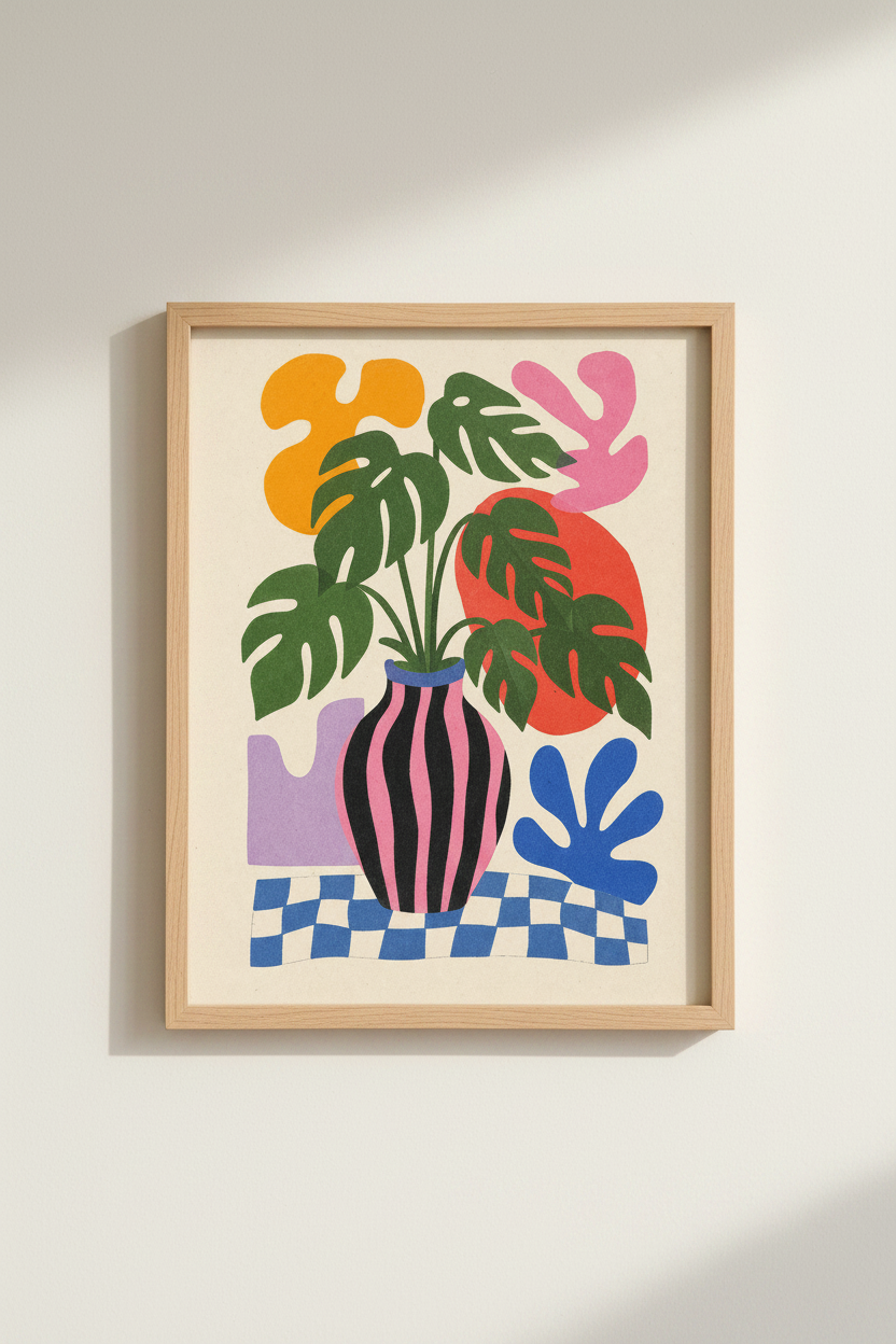 Colorful Monstera Art Print | Botanical Checkered Poster, Vibrant Maximalist Home Decor