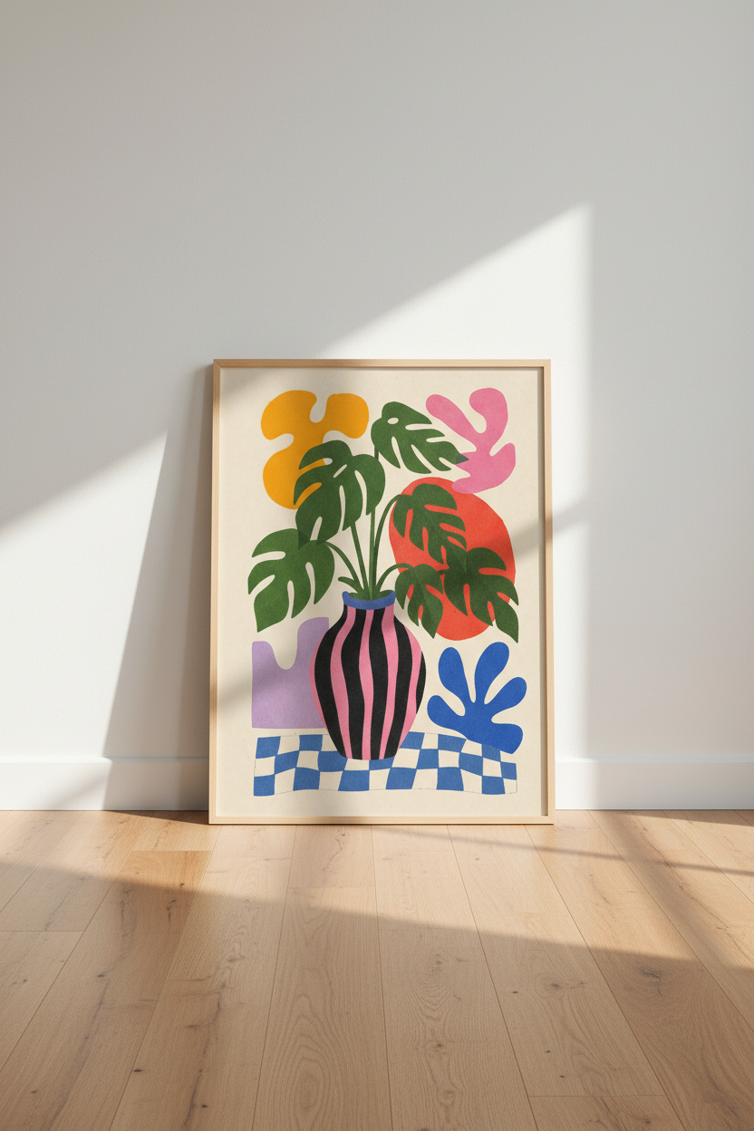 Colorful Monstera Art Print | Botanical Checkered Poster, Vibrant Maximalist Home Decor