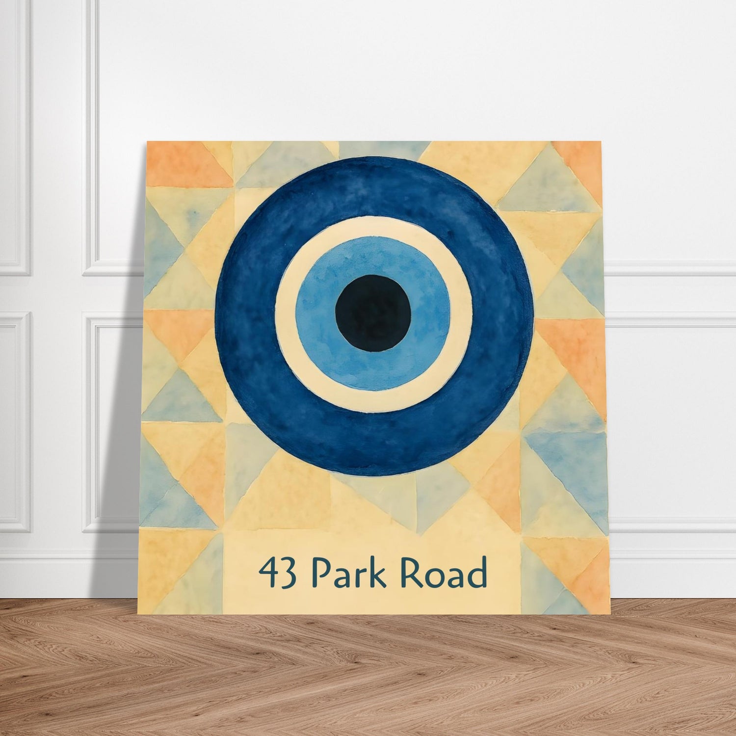 Custom Evil Eye Watercolor Poster | Personalized House Number Print | Geometric Nazar Wall Art, Unframed | ISO A1 A2 A3 A4 Sizes 40x40 cm 16x16″