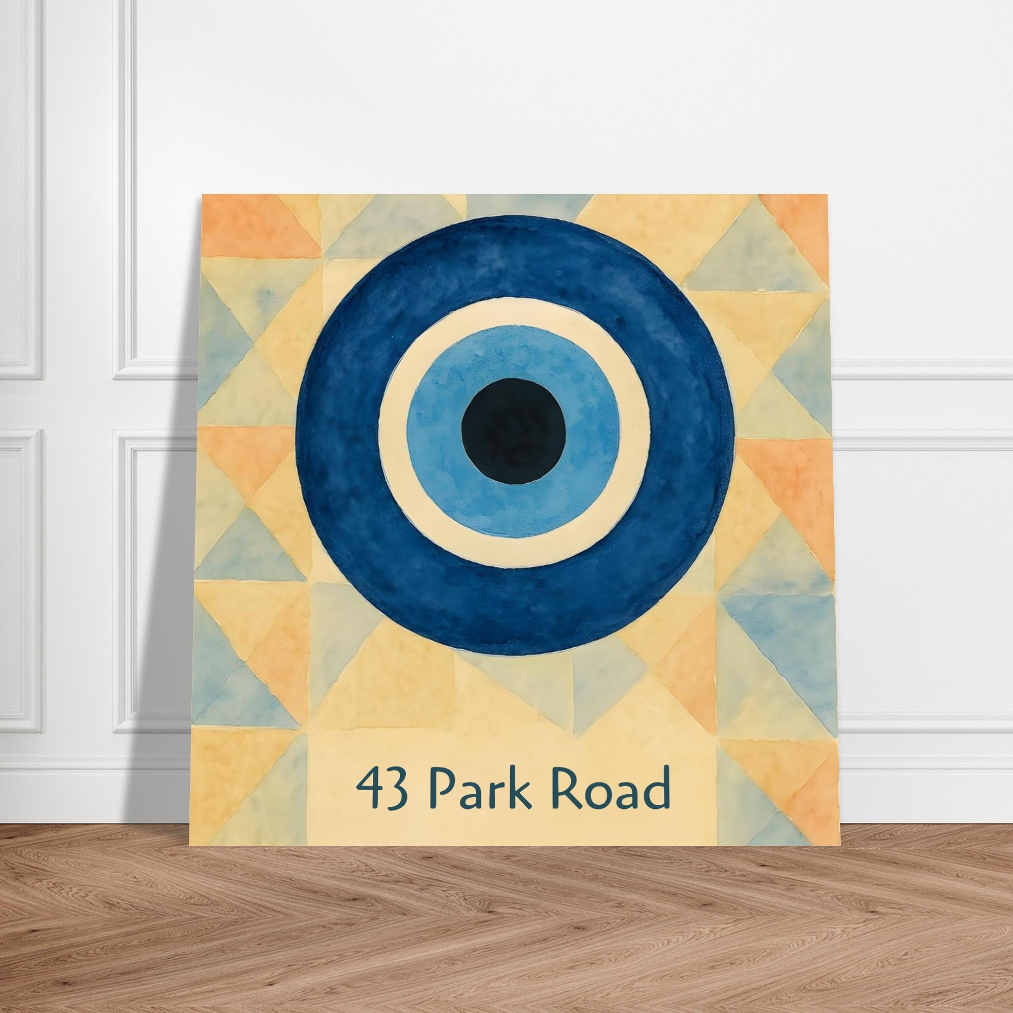 Custom Evil Eye Watercolor Poster | Personalized House Number Print | Geometric Nazar Wall Art, Unframed | ISO A1 A2 A3 A4 Sizes 40x40 cm 16x16″