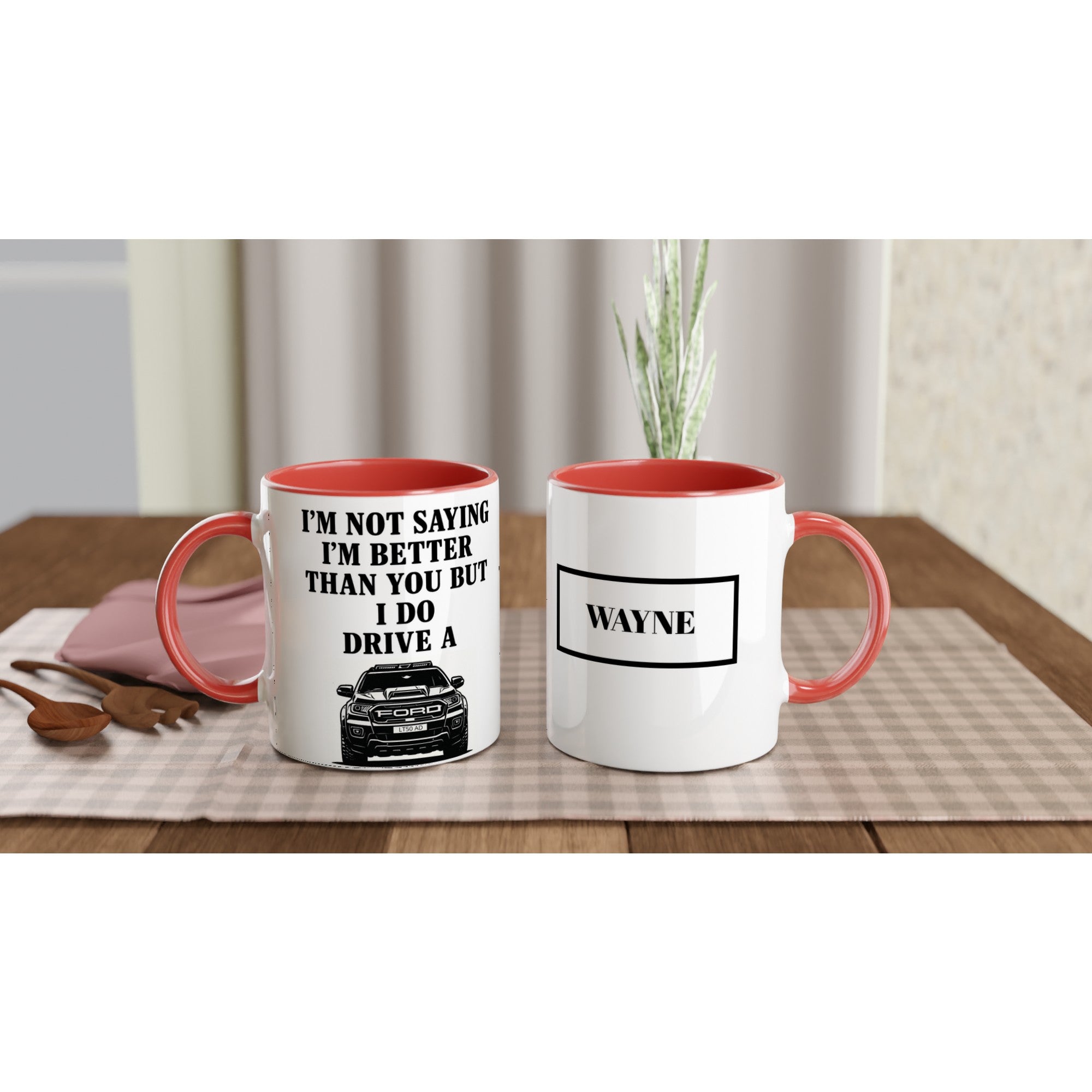 Personalized Ford Ranger Wildtrak Mug - Modified Car Lover Dad Gift 11oz - Add Your Own Name and Number Plate Ceramic Red