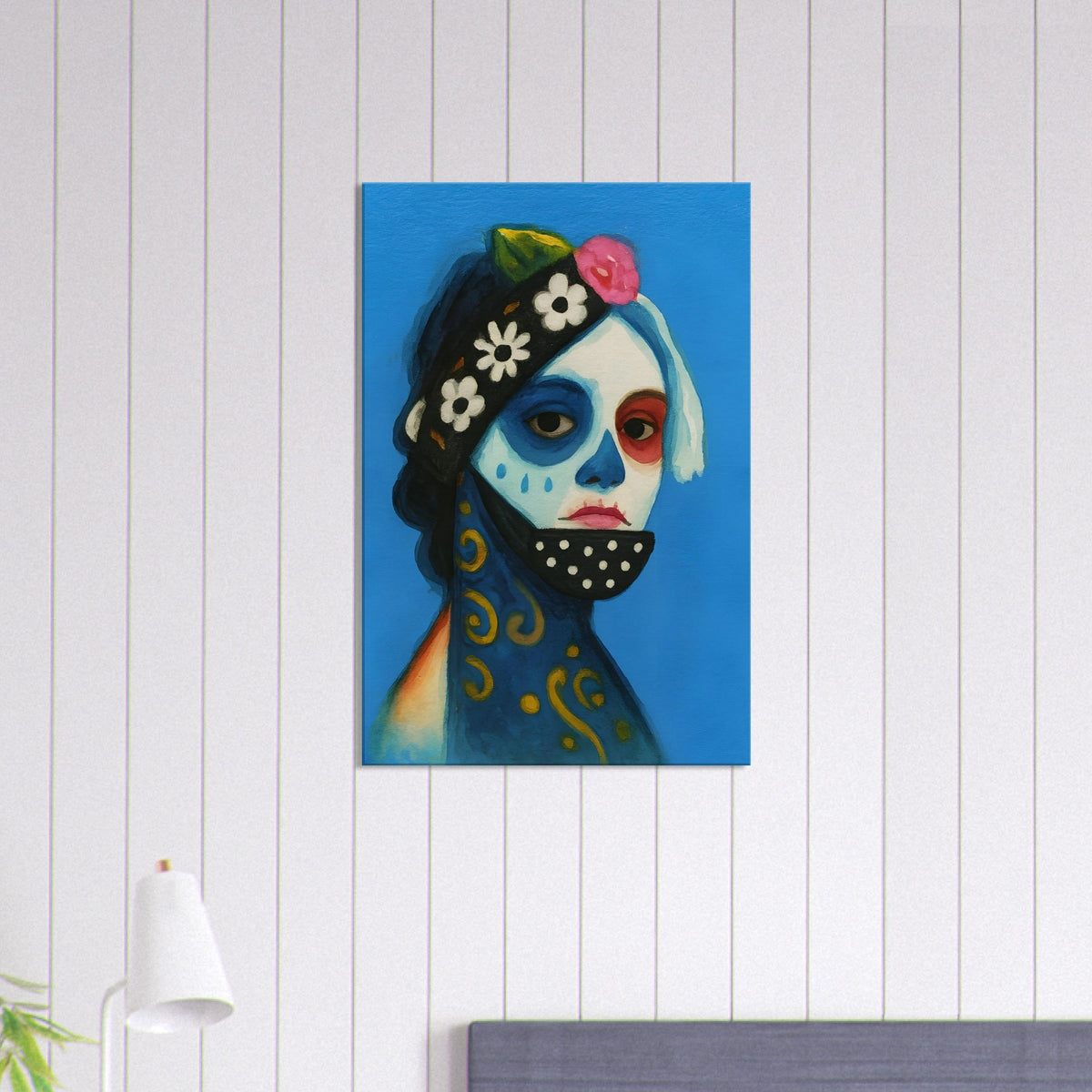 Day of the Dead Watercolor Canvas, Día de los Muertos Masked Woman Wall Art, Mexican Folk Art A3 Print, Skeleton Face Painting Slim Canvas