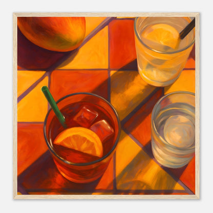 Vibrant Mango &amp; Citrus Still Life Poster - Warm Tile Aesthetic Wall Art - Wooden Framed Poster 50x50 cm 20x20″ Wood frame