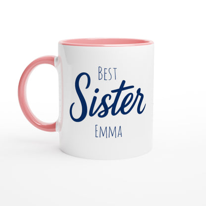 Sister Mug - Blue Brush Script Mug with Heart – Elegant Blue Calligraphy 11oz Coffee Cup – Gift for Sister, Birthday or Everyday Surprise