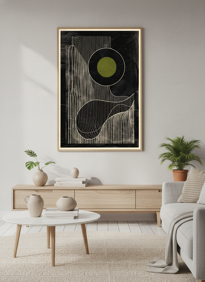 Olive Eclipse: Linear Noir Abstraction - Modern Minimalist Wall Art Print