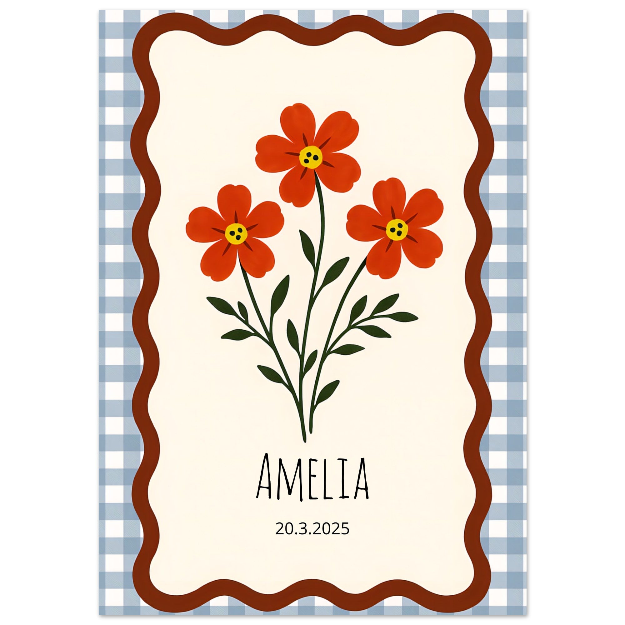Personalized Nursery Poster – Red-Orange Floral Print, Gingham Nursery Print, Wall Art Decor 21x29.7 cm 8x12"