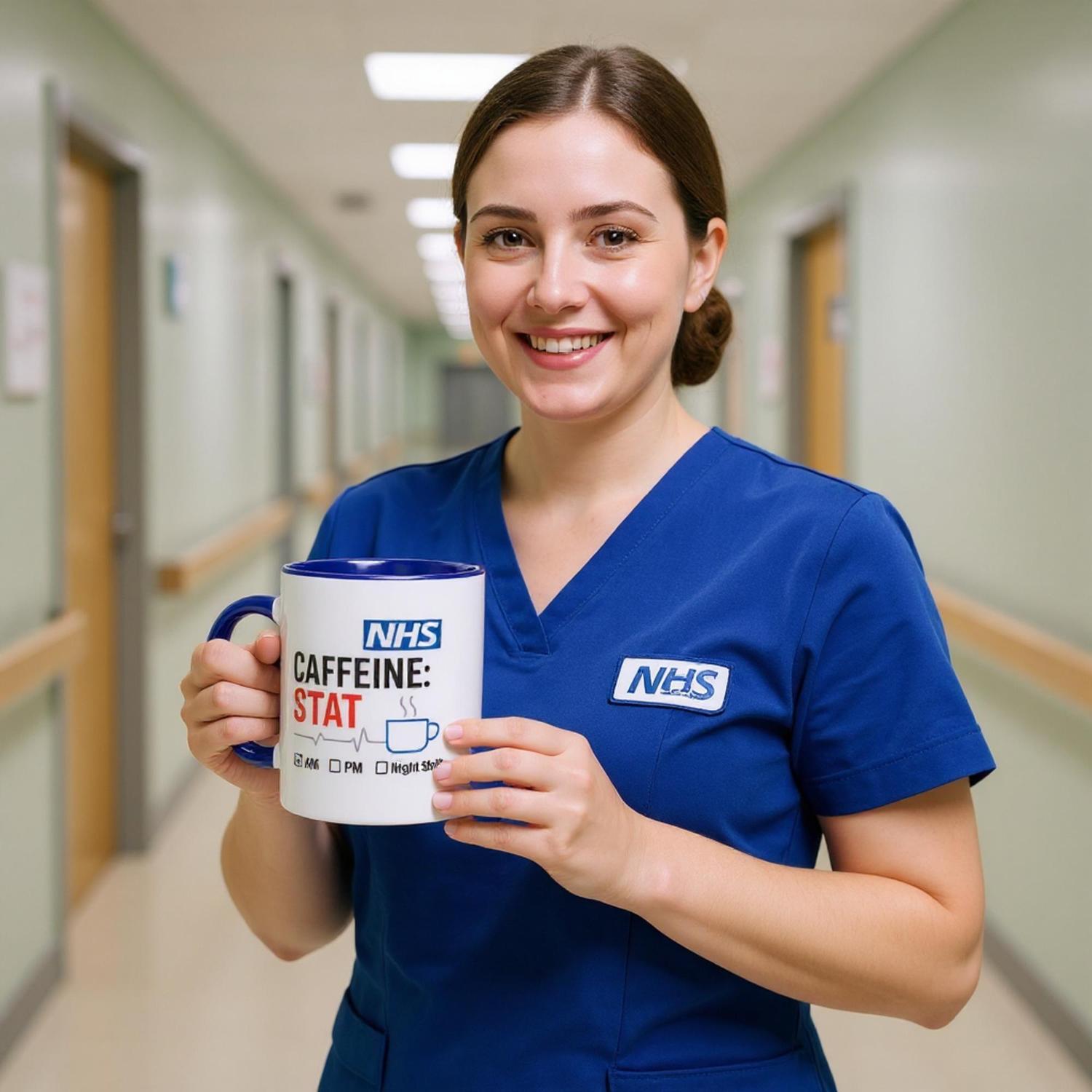 Funny NHS Nurse Mug - Caffeine STAT Coffee Cup - Gift for Day Evening Night Shift Healthcare Heroes - Doctor Mug