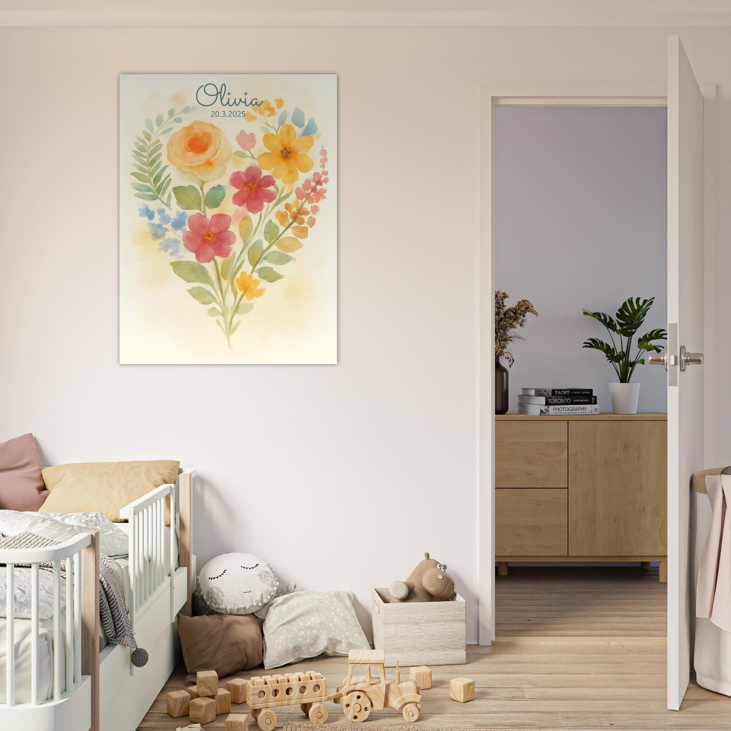 Personalized Floral Heart Nursery Print – Custom Name &amp; Date Baby Girl Wall Art – Watercolor Flowers Poster – Newborn Gift for Girls Room 75x100 cm 30x40″