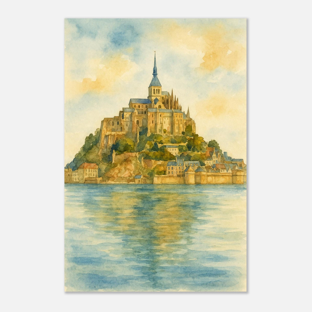 Mont Saint Michel France Coastal Monastery Watercolour Print – Unframed Travel Wall Art, Home Decor 60x90 cm 24x36″