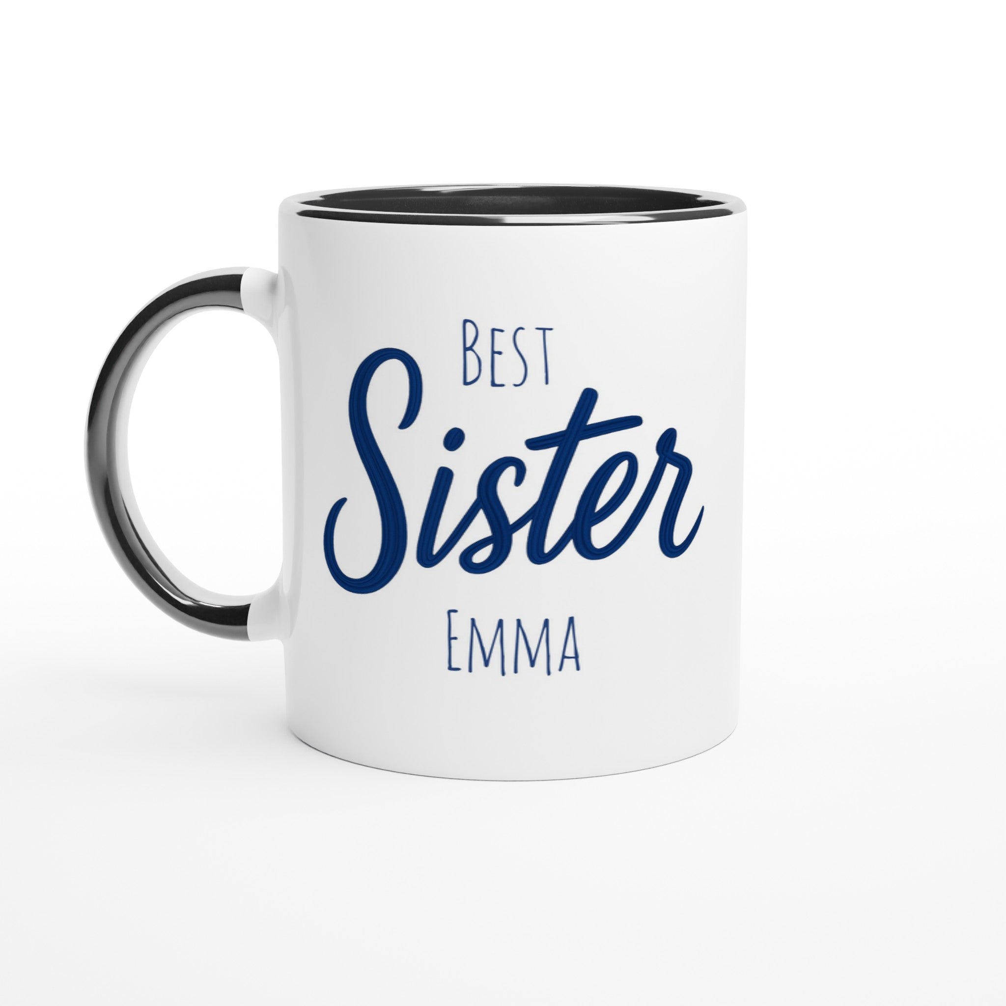 Sister Mug - Blue Brush Script Mug with Heart – Elegant Blue Calligraphy 11oz Coffee Cup – Gift for Sister, Birthday or Everyday Surprise