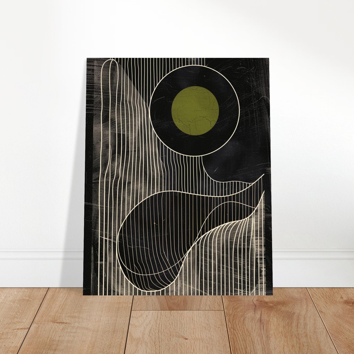 Olive Eclipse: Linear Noir Abstraction - Modern Minimalist Wall Art Print 20x25 cm 8x10″