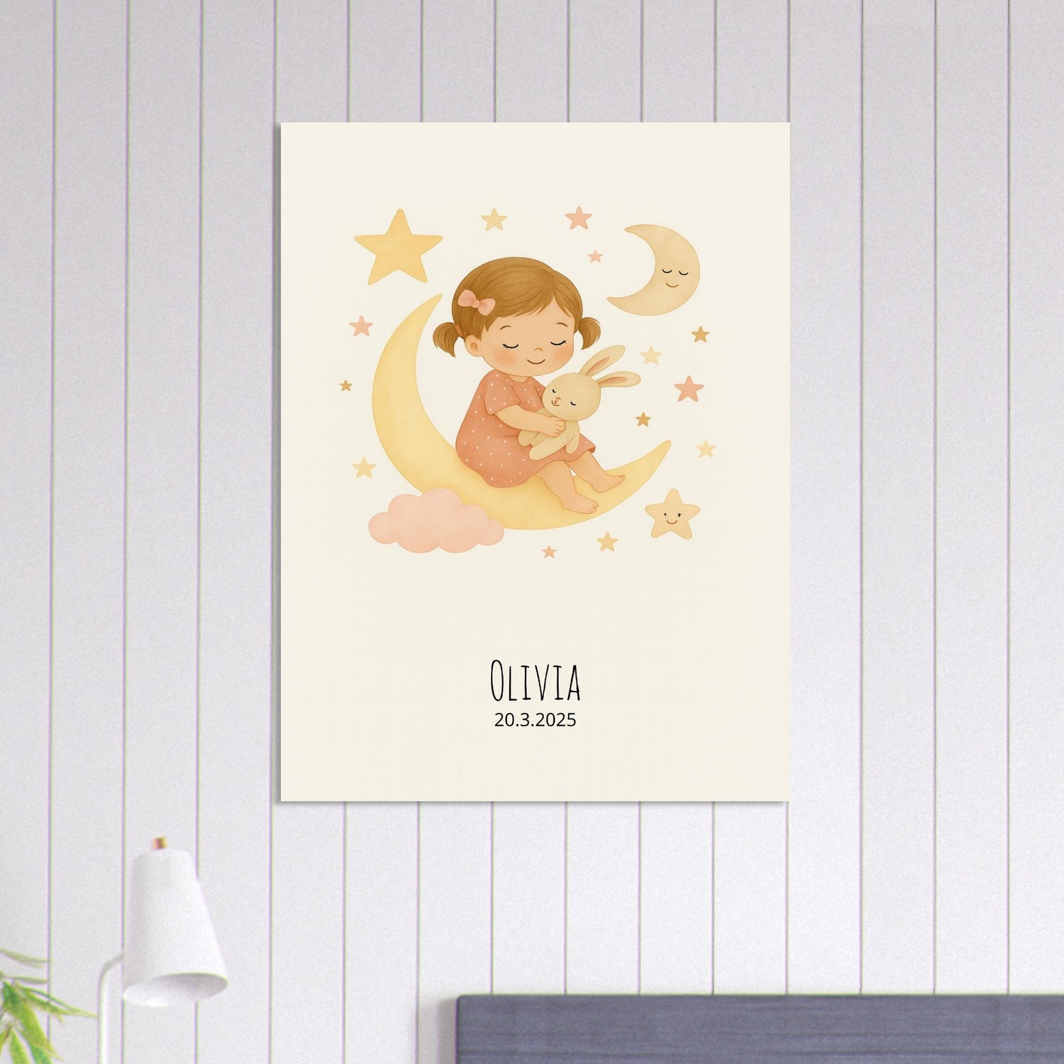Personalized Baby Girl Nursery Print Poster - Moon, Stars &amp; Teddy Design 75x100 cm 30x40″