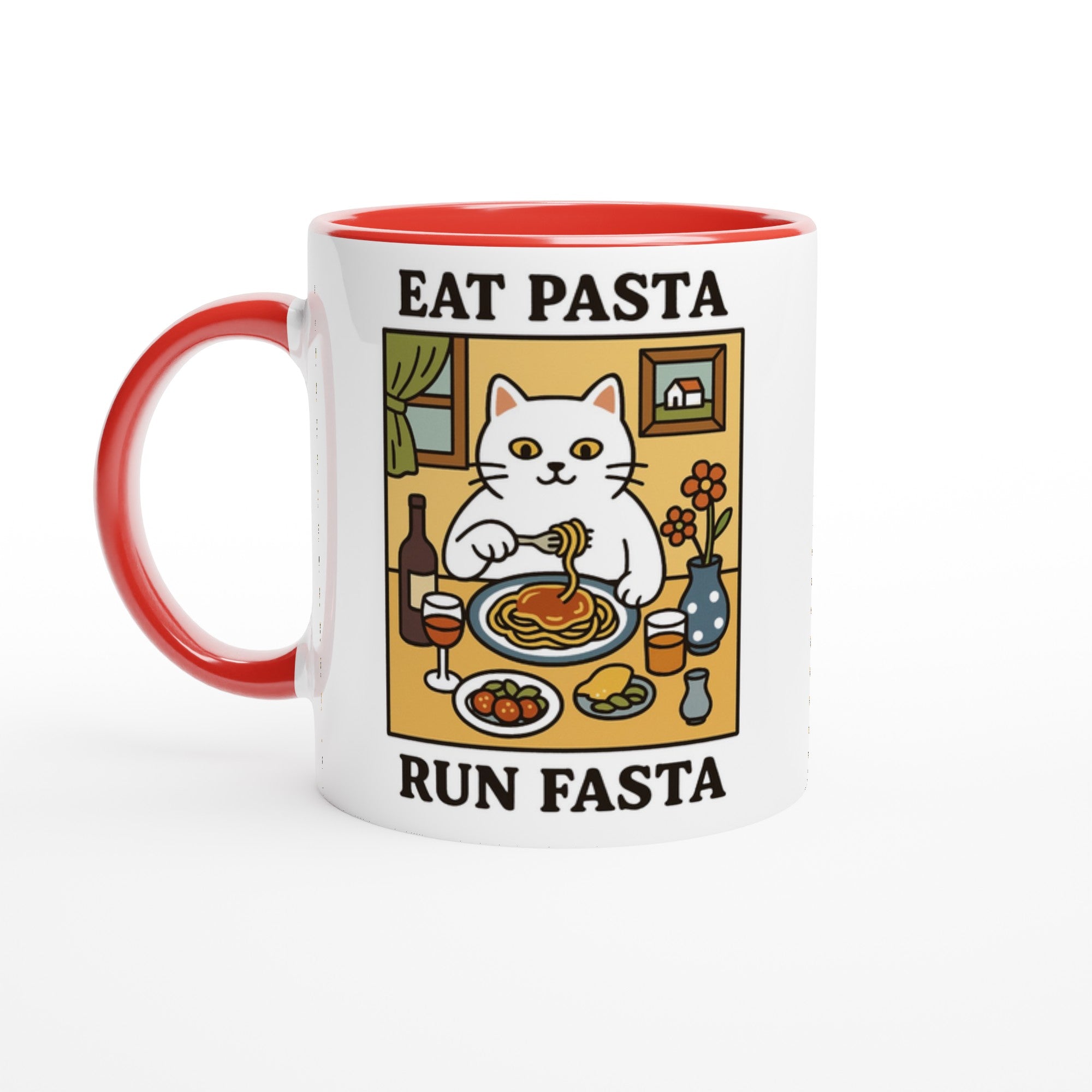 Eat Pasta Run Fasta Mug - Cute Cat Lover Gift - 11oz Ceramic Cup for Coffee &amp; Tea Ceramic Red