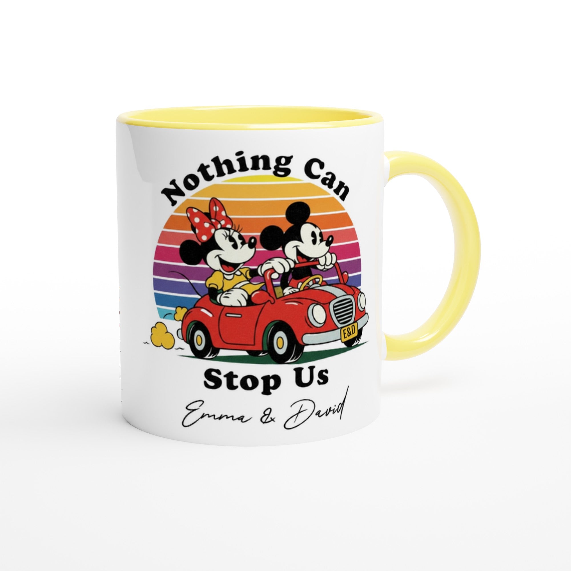 Custom Disney Mug - Mickey &amp; Minnie Runaway Railway Gift, Magic Kingdom Coffee Mug, Disneyland Keepsake Ceramic Yellow