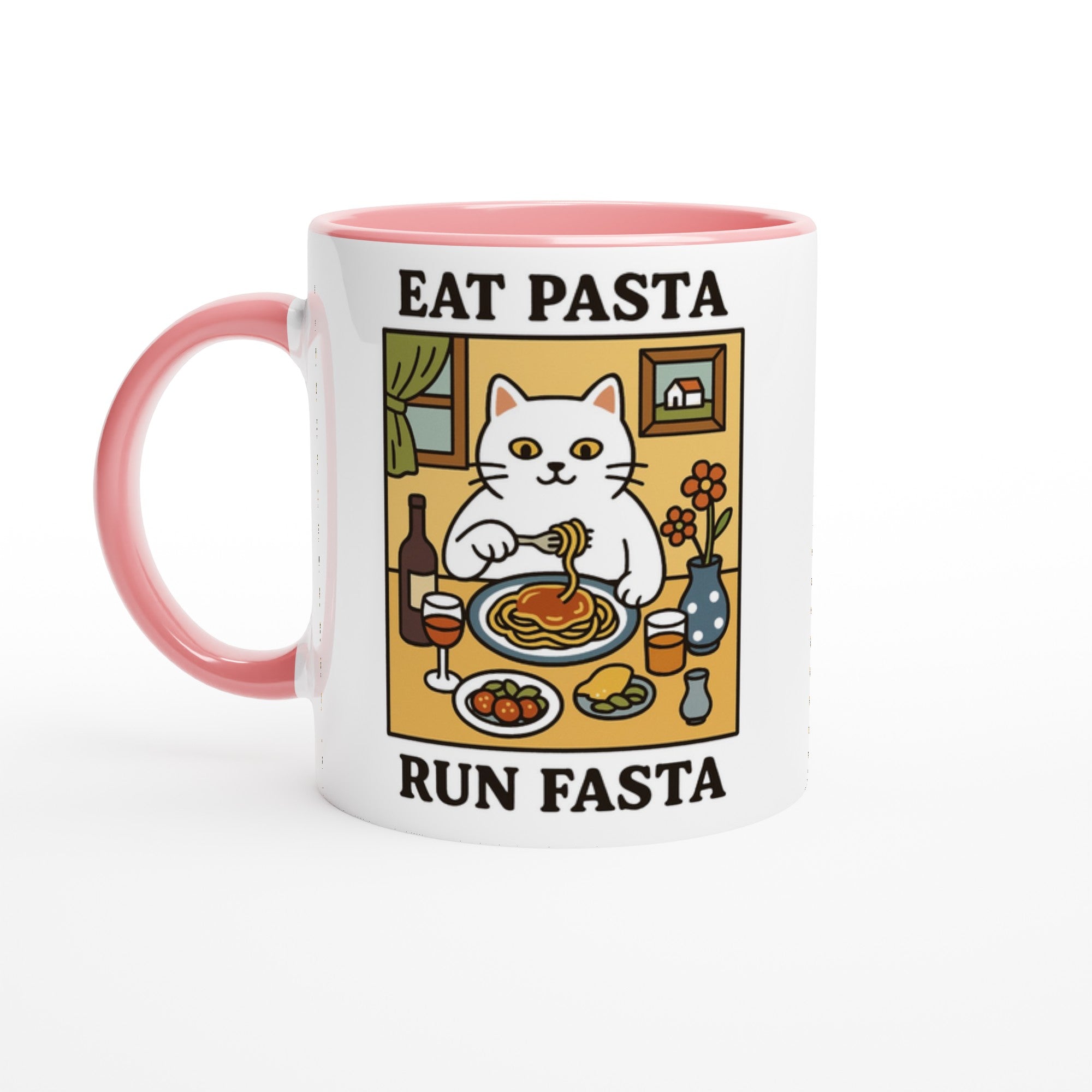 Eat Pasta Run Fasta Mug - Cute Cat Lover Gift - 11oz Ceramic Cup for Coffee &amp; Tea Ceramic Pink