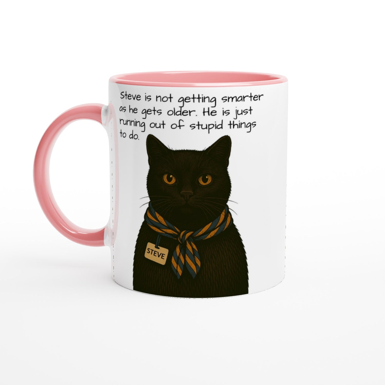 Steve Mysterious Cat Mug – Vintage Black Cat with Scarf – Funny 11oz Coffee Mug for Cat Lovers – Blank Name Tag – Quirky Animal Art Gift Ceramic Pink
