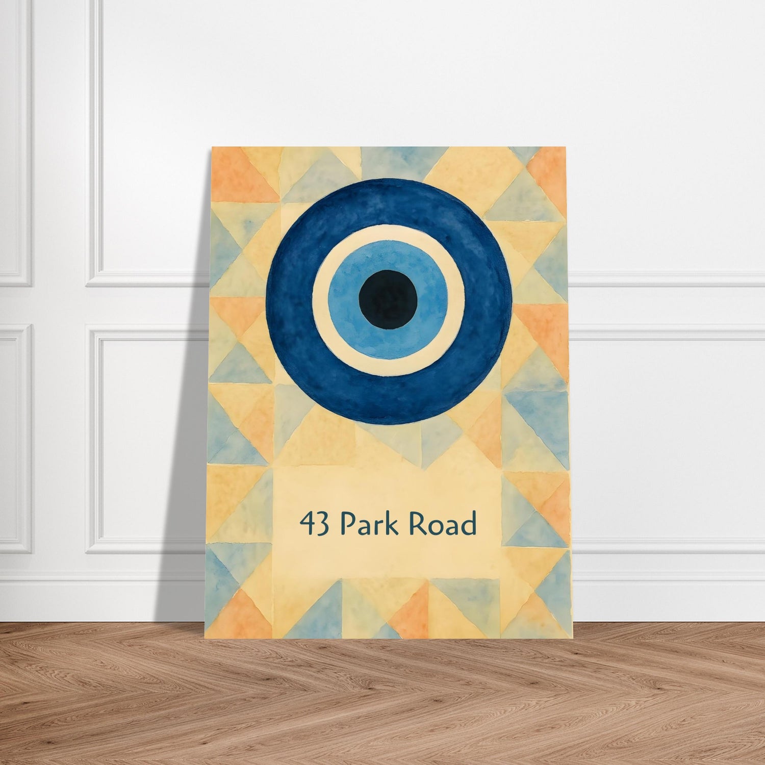 Custom Evil Eye Watercolor Poster | Personalized House Number Print | Geometric Nazar Wall Art, Unframed | ISO A1 A2 A3 A4 Sizes 60x80 cm 24x32″