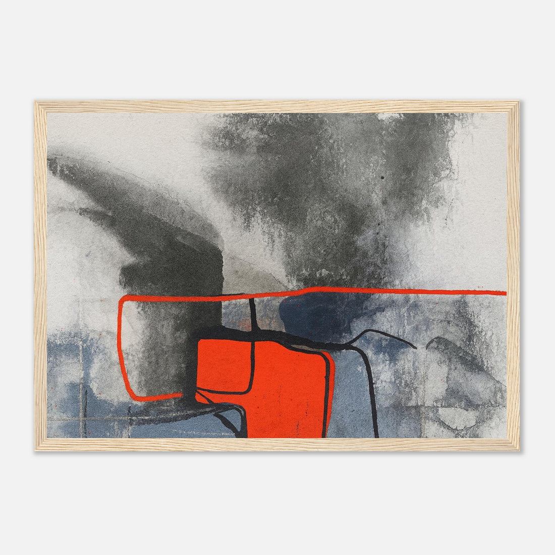 Urban Ember – Abstract Expressionist Print with Red Accents, Modern Art Poster, Moody Watercolor - Matte Wooden Framed