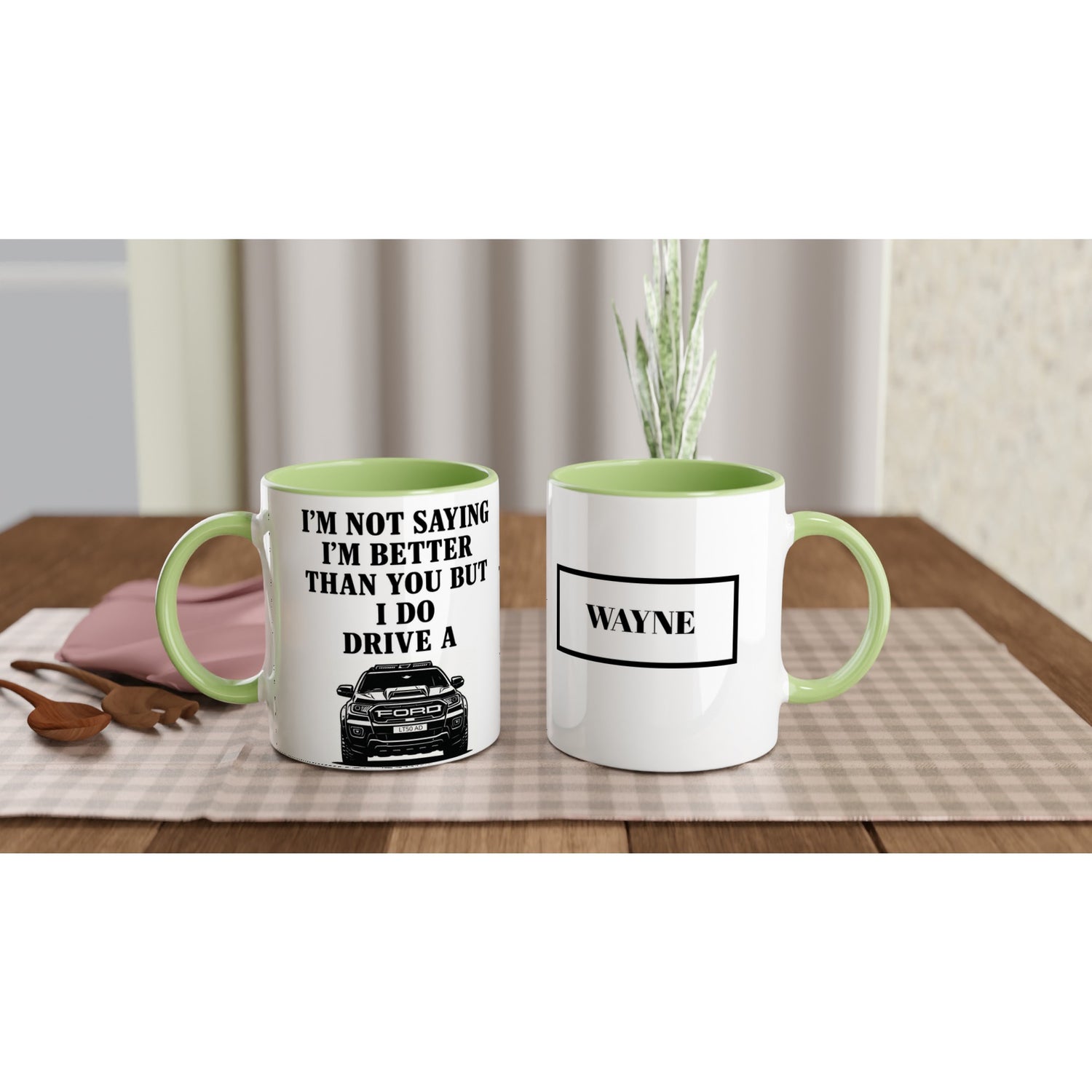 Personalized Ford Ranger Wildtrak Mug - Modified Car Lover Dad Gift 11oz - Add Your Own Name and Number Plate Ceramic Green