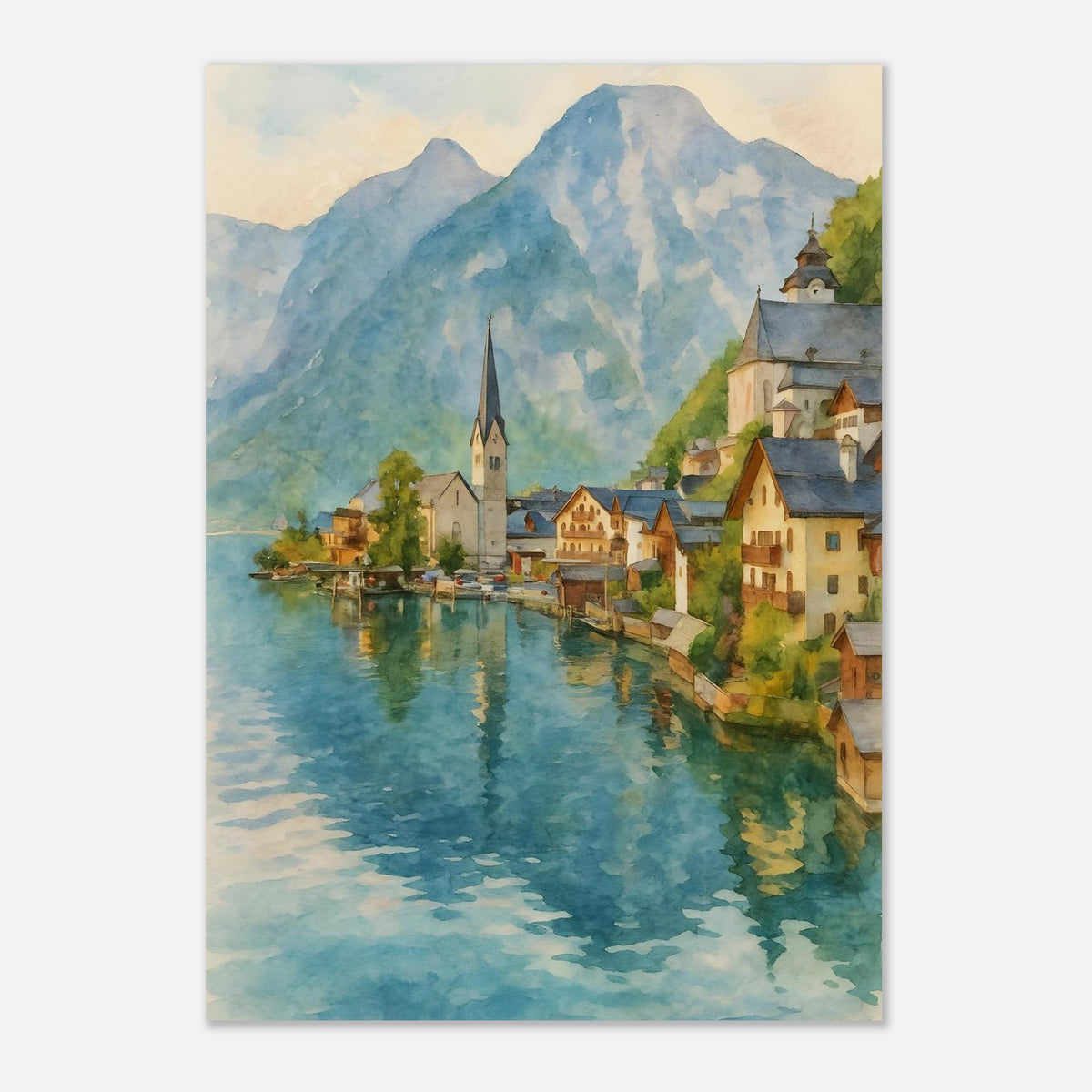 Hallstatt Austria Watercolour Print – Unframed Scenic Travel Poster, Alpine Village Decor A3 (29.7 x 42 cm)