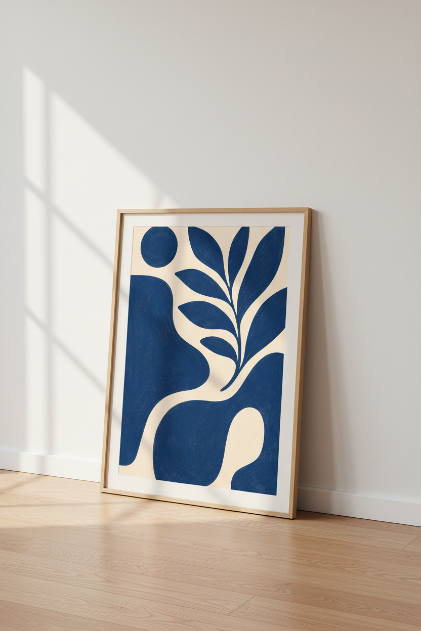 Abstract Navy Leaf Wall Art Print | Modern Botanical Decor | Indigo Minimalist Poster