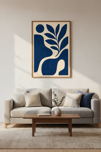 Abstract Navy Leaf Wall Art Print | Modern Botanical Decor | Indigo Minimalist Poster