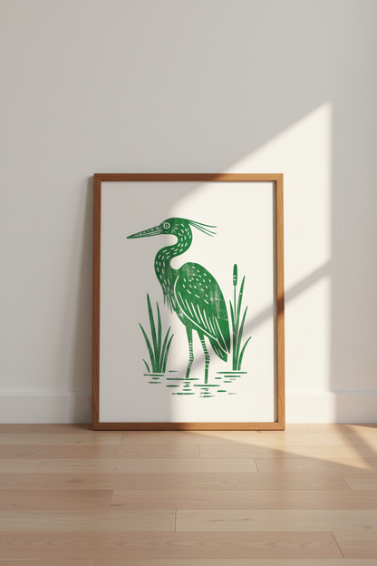 Green Heron Linocut Wall Art Print | Coastal Lake House Decor | Boho Minimalist Poster