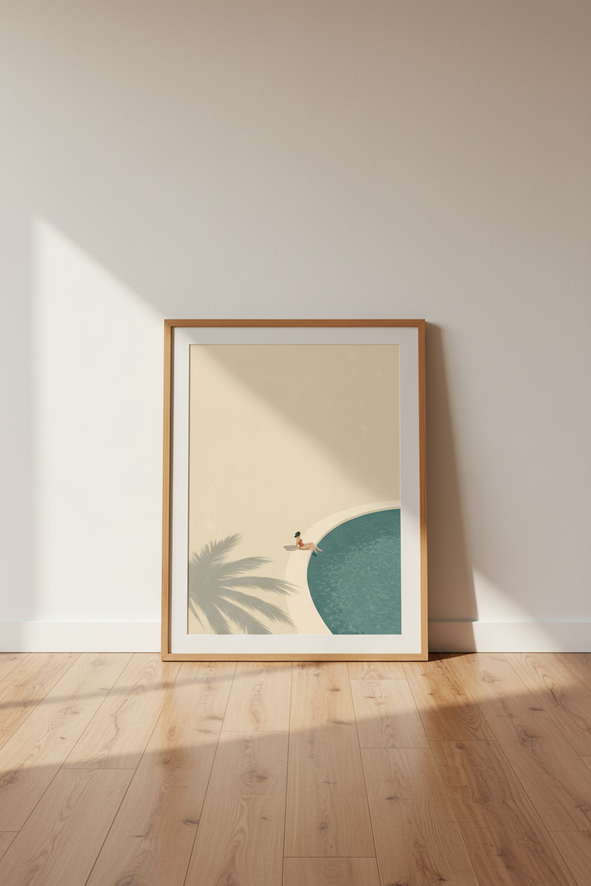 Minimalist Poolside Woman Wall Art | Summer Neutral Poster, Modern Living Room Decor