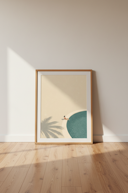 Minimalist Poolside Woman Wall Art | Summer Neutral Poster, Modern Living Room Decor