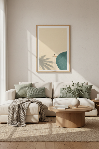Minimalist Poolside Woman Wall Art | Summer Neutral Poster, Modern Living Room Decor