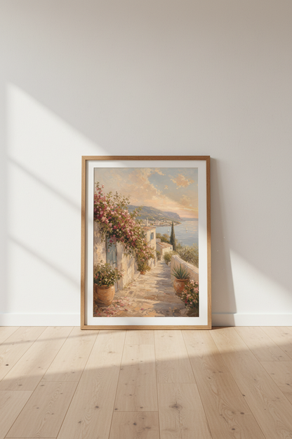 Mediterranean Coastal Village Art | Sunlit Seascape Oil Style, Living Room Decor
