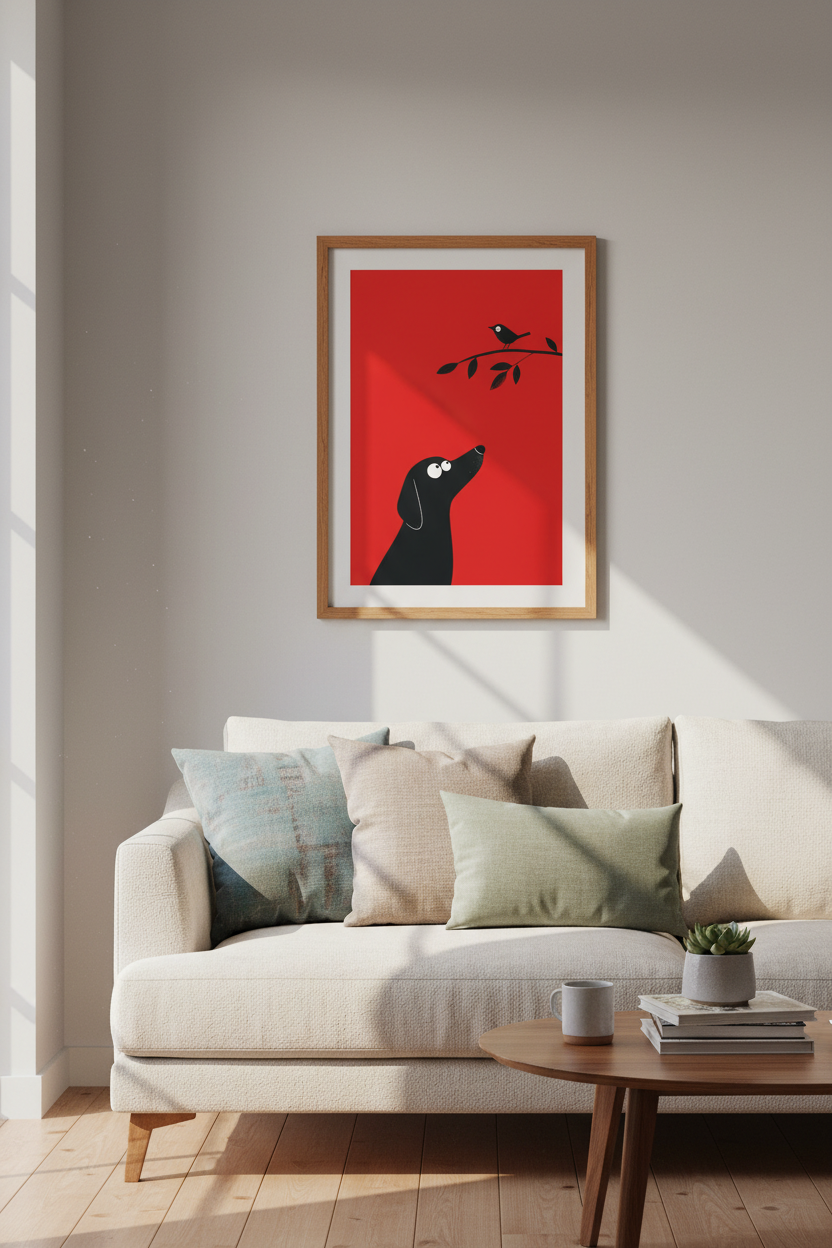 Dachshund &amp; Bird Wall Art | Red Minimalist Dog Poster | Modern Nursery Decor