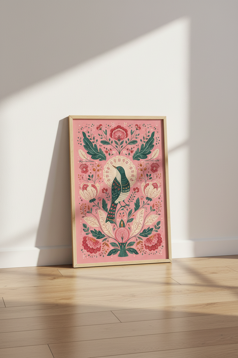 Folk Art Bird Wall Art | Pink Floral Botanical Print, Boho Living Room Decor