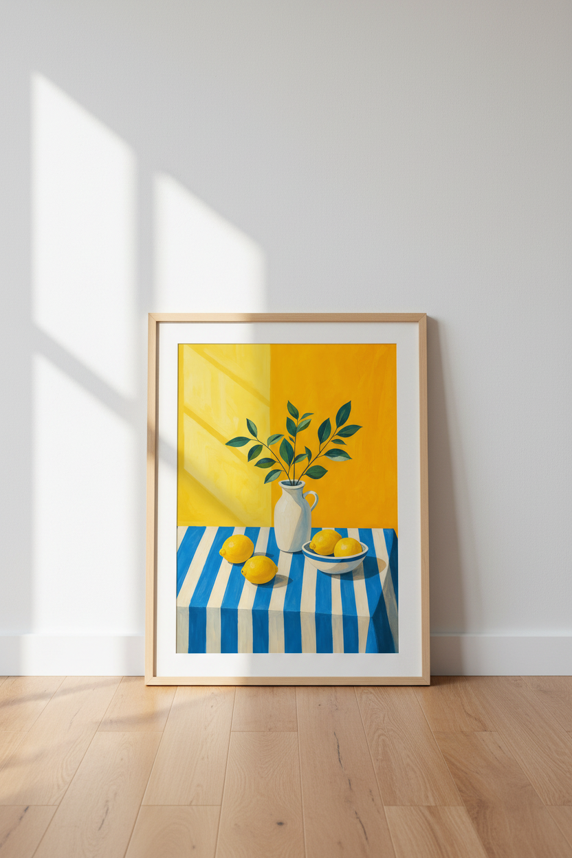 Mediterranean Lemon Still Life Wall Art | Blue and Yellow Kitchen Decor | Vibrant Poster