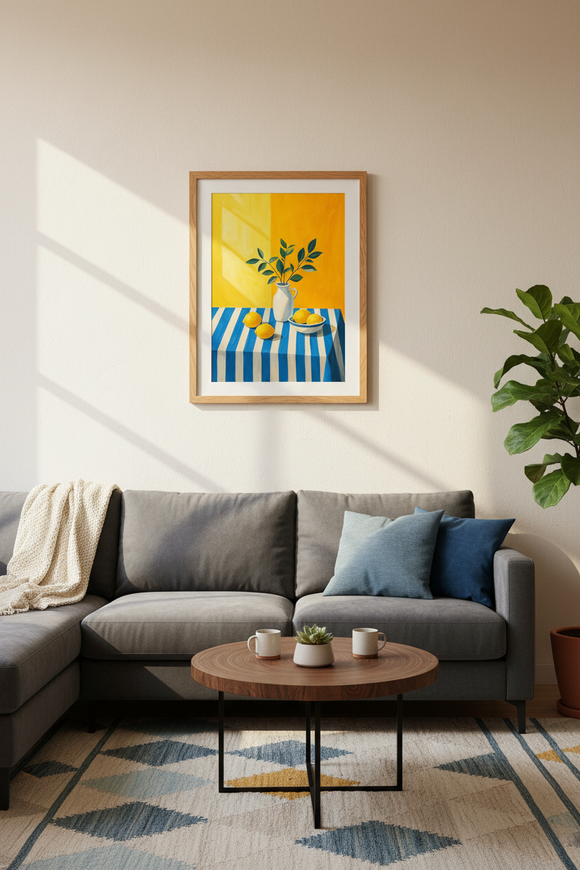 Mediterranean Lemon Still Life Wall Art | Blue and Yellow Kitchen Decor | Vibrant Poster