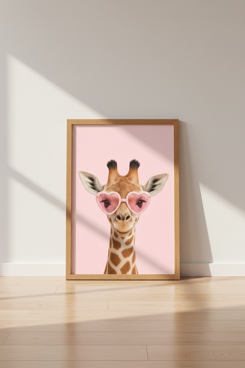 Giraffe with Heart Sunglasses Wall Art Print | Pink Nursery Decor | Preppy Poster
