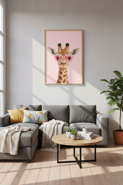 Giraffe with Heart Sunglasses Wall Art Print | Pink Nursery Decor | Preppy Poster