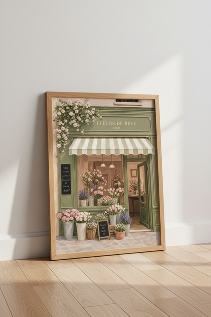 Paris Flower Shop Wall Art | Sage Green Floral Poster, French Country Decor