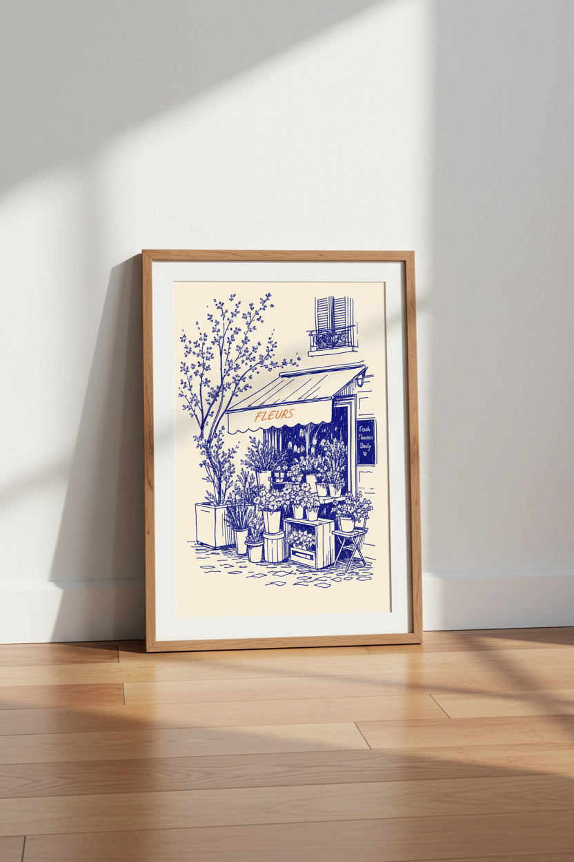 French Flower Shop Sketch | Blue &amp; Cream Parisian Poster, Kitchen Wall Decor