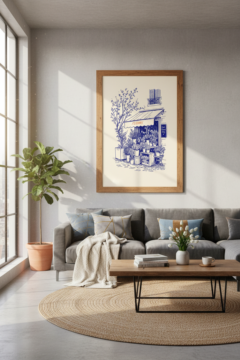 French Flower Shop Sketch | Blue &amp; Cream Parisian Poster, Kitchen Wall Decor