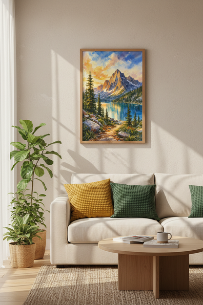 Mountain Landscape Watercolor Wall Art | Nature Lake Print, Living Room Decor