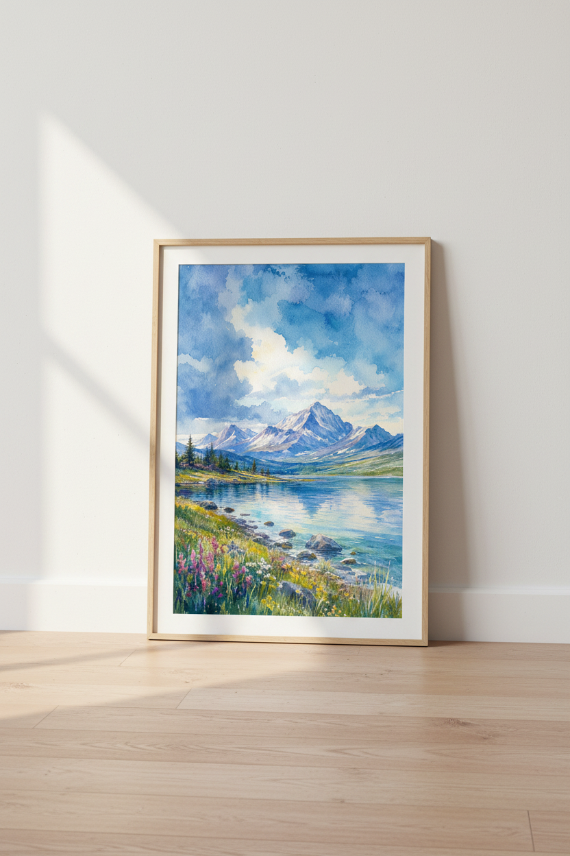 Mountain Lake Watercolor Art | Blue Landscape Print, Living Room Decor