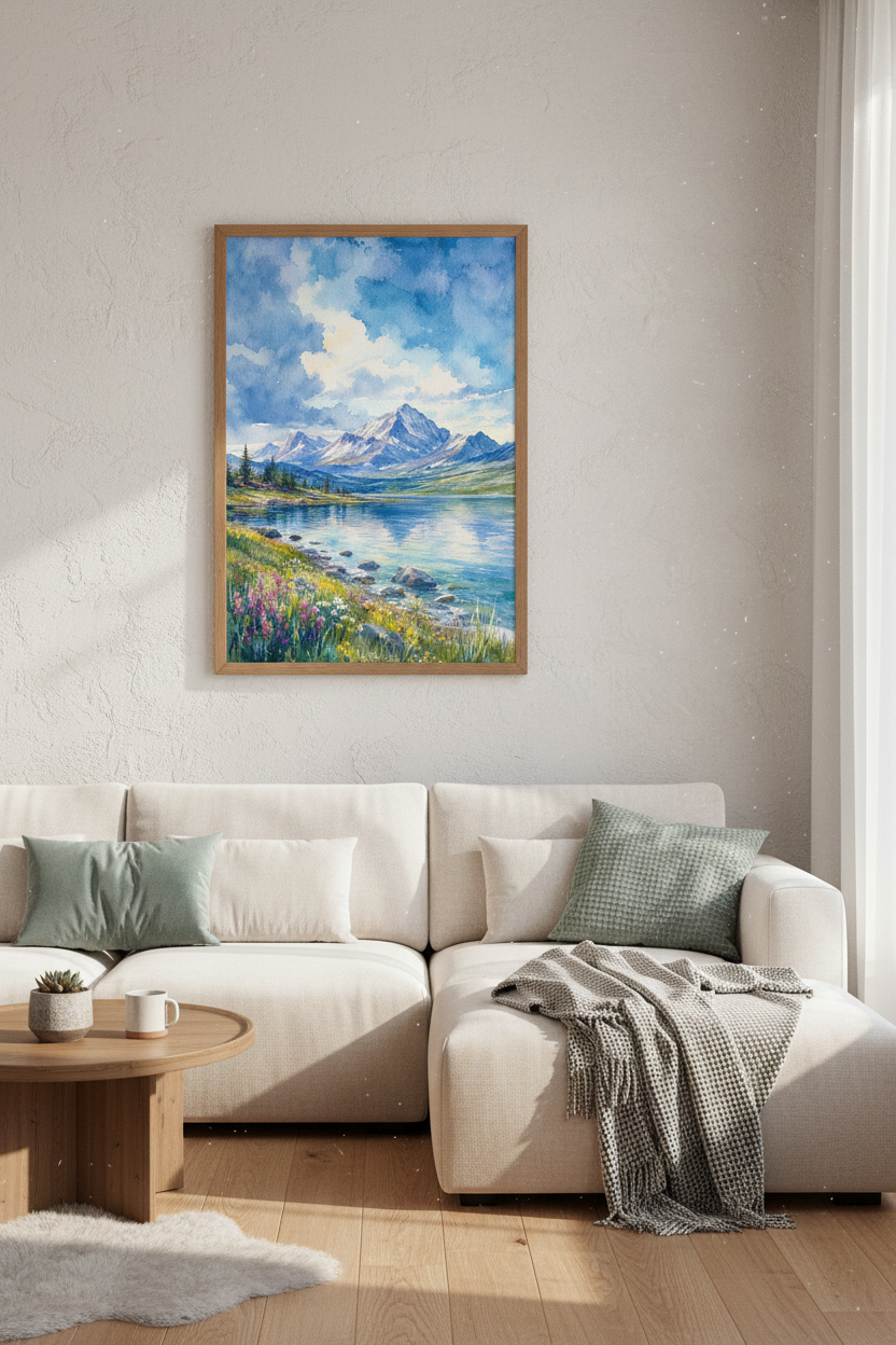 Mountain Lake Watercolor Art | Blue Landscape Print, Living Room Decor