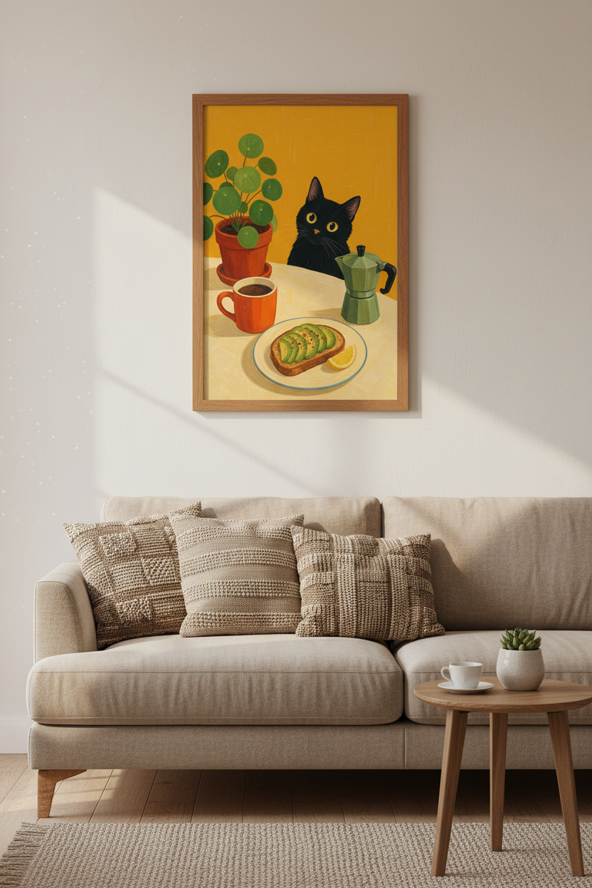Black Cat Breakfast Wall Art Print | Kitchen Coffee Decor | Eclectic Cat Poster