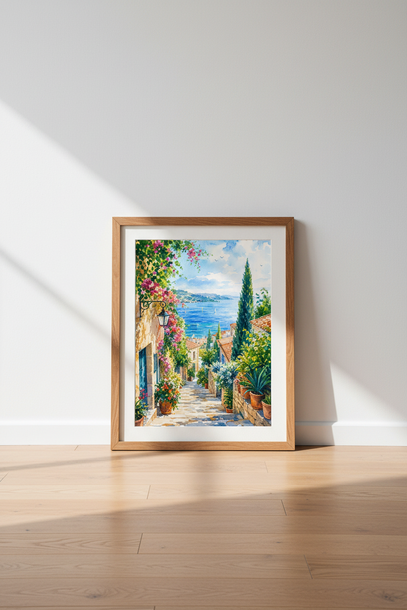 Mediterranean Village Watercolor | Coastal Seaside Print, Living Room Wall Decor