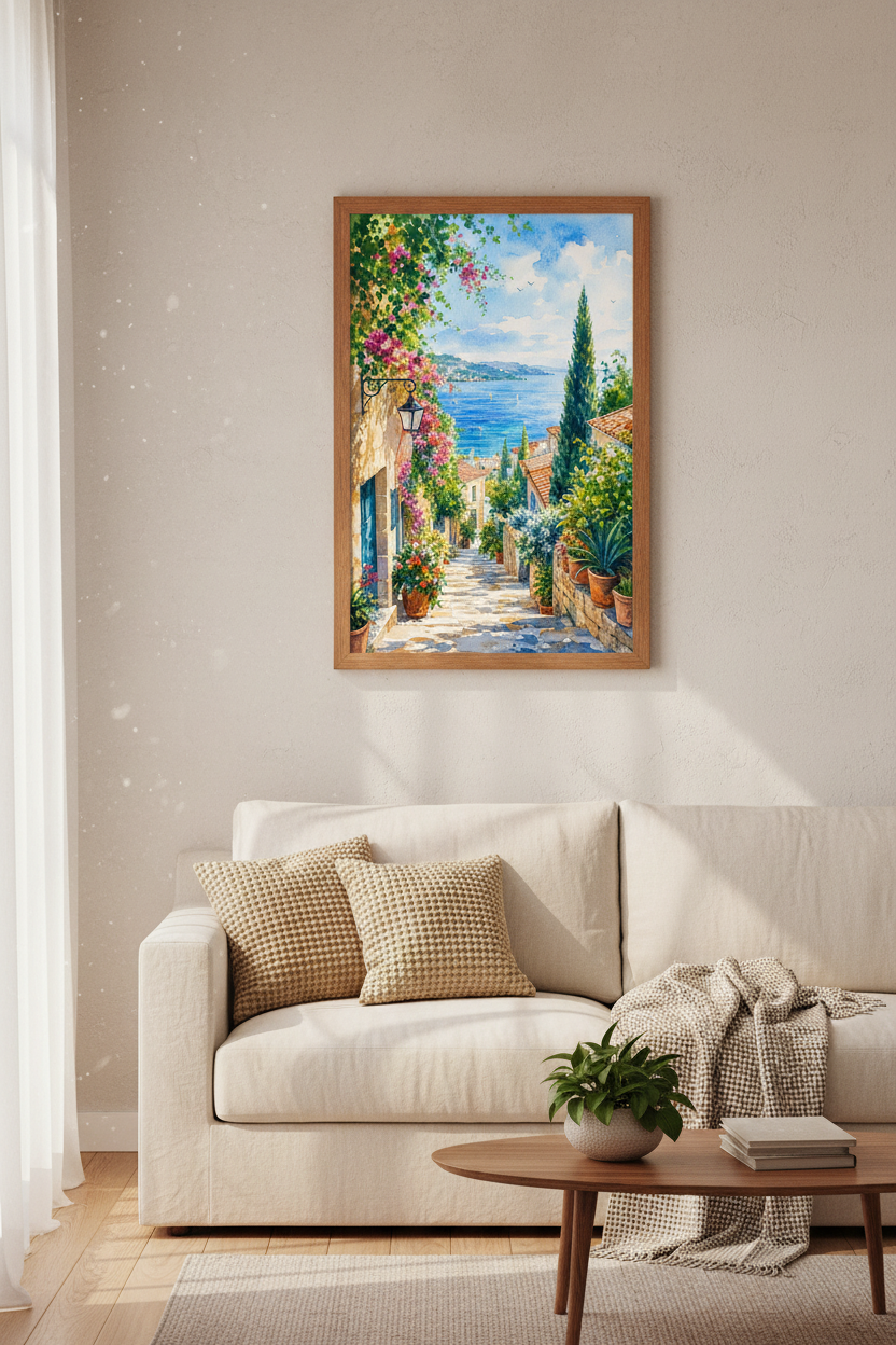 Mediterranean Village Watercolor | Coastal Seaside Print, Living Room Wall Decor