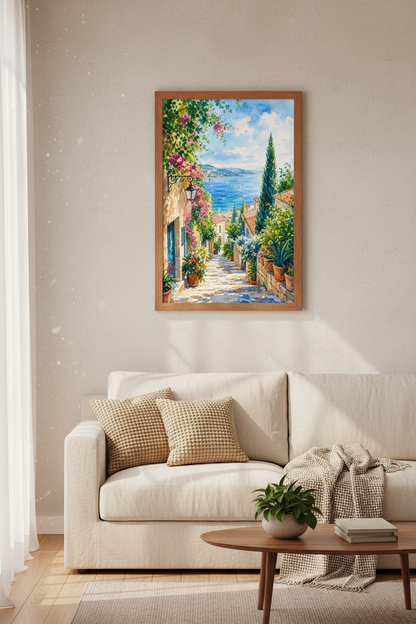 Mediterranean Village Watercolor | Coastal Seaside Print, Living Room Wall Decor